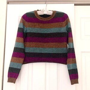 FOREVER 21 Colourful Metallic Long Sleeve Shirt, Stripe Sparkle Blue, Medium